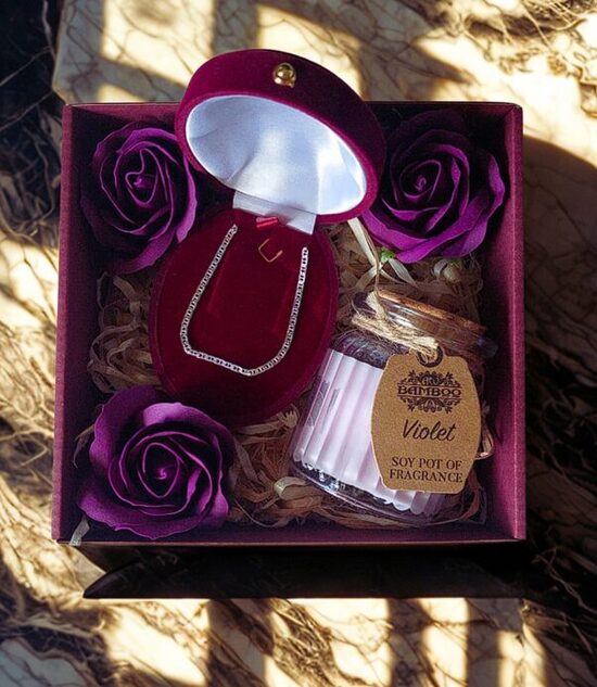 Gift Set with Silver Bracelet, Violet Candle & Soap Roses